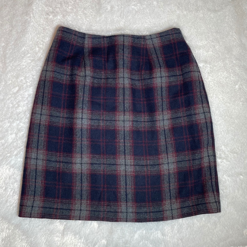 Maurices VTG Plaid Wool Blend Pencil Mini‎ Skirt Navy Grey Red Womens Size 6 90s